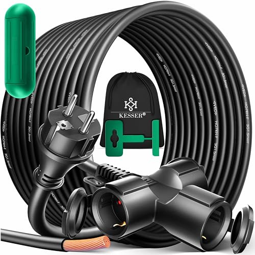 KESSER® Verlängerungskabel 15m Mehrfachstecker mit 3 x Schuko Stecker mit Schutzkappe - Outdoor - für Innenbereich Außenbereich - Verlängerung Verteilerkabel – 230 V IP44 - Baustellenkabel Stromkabel