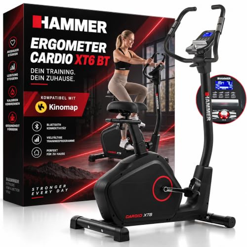 HAMMER 4862 Ergometer Cardio XT6 BT, leises Fitnessfahrrad mit tiefem Einstieg und Comfort-Sattel, 13 kg Schwungmassensystem, Bluetooth & App-Steuerung, 130 kg Benutzergewicht, 93 x 51 x 150 cm