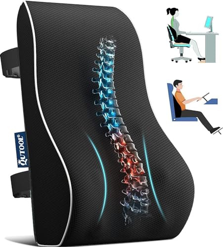 Qutool Rückenkissen aus Memory Foam, Lendenkissen für Bürostuhl, Gaming-Stuhl, Rückenstütze für Schreibtischstuhl Lendenwirbelkissen mit Doppelte Verstellbare Riemen, Netzabdeckung (Schwarz)