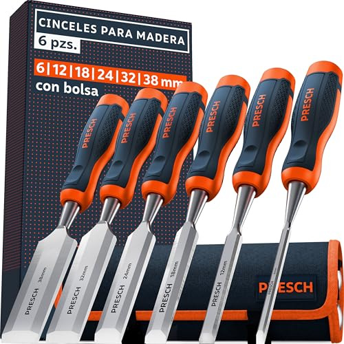 Presch Stechbeitel Set für Holz 6tlg. inkl. Tasche - Fertig geschliffene Stemmeisen (6, 12, 18, 24, 32, 38mm) - Profi Stecheisen mit 25° Keilwinkel mit robuster Metallschlagkappe