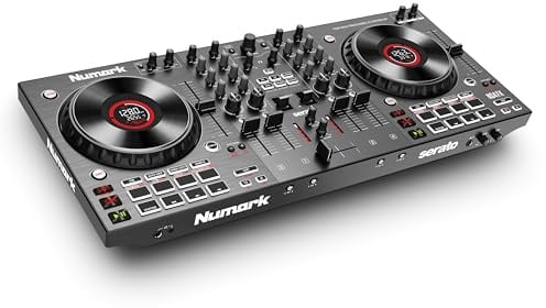 Numark NS4FX 4-Kanal DJ Controller Pult, Touch-Jogwheels mit Display, Pads und Effekten, Booth- und Main-Ausgänge, Serato DJ Lite Enthalten