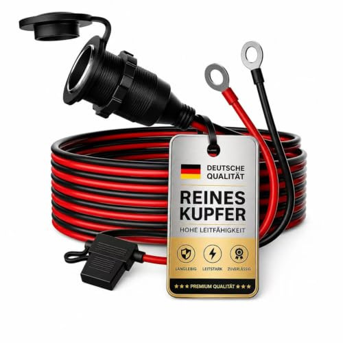 RGBer® Zigarettenanzünder 12V Steckdose mit Kabel, Sicherung & Ringösen | Einbau Zigarettenanzünder Steckdose für Motorrad, Wohnmobil, Boot