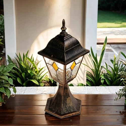 Licht-Erlebnisse Wegeleuchte Glas Aluminium in Kupfer Antik IP44 Weg Garten 42 cm hoch E27 Tiffany Stil Rustikal Laterne Sockelleuchte Außen SALZBURG