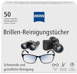 ZEISS Brillen-Reinigungstücher mit Alkohol 50 Stück zur schonenden & gründlichen Reinigung Ihrer Brillengläser - jedes Tuch einzeln verpackt - ideal für unterwegs oder auf Reisen