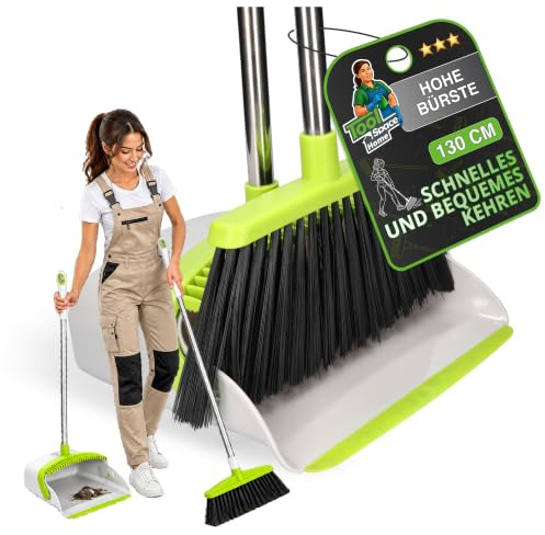 ToolSpace Besen und Kehrschaufel Set Kehrmaschine und Kehrschaufel Combo | Ausziehbarer langer Griff, Aluminiumstiel, Kunststoff, Gummilippe, Kammzähne für Haare, Wasserabzieher, Aufhängung, Haus Büro