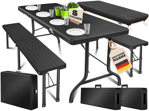 KESSER® Bierzeltgarnitur 3-teilig Set Tisch & 2x Bank | Buffettisch für drinnen & draußen Gartengarnitur klappbar 183x76x74cm Kunststoff Klapptisch Rattan-Look Gartentisch Inkl Abdeckung & Tragegriffe