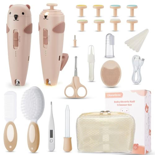 Lilian&Gema Baby Nagelfeile Elektrisch, Elektrische Nagelfeile mit 9 Schleifkopf, 28 in 1 Baby Nagelset mit LED Licht, Nagelpflegeset Elektrisch für Babys, Kleinkind, Erwachsene, USB Laden, Braun