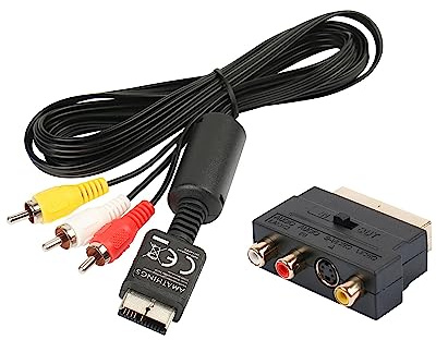 AMATHINGS AV Kabel & Scart Adapter Set passend für PS1, PS2, PS3 – 1,8m Retro Gaming Anschlusskabel – Cinch auf Scart Komplett-Kit für PlayStation Konsolen – Hohe Audio- & Videoqualität – Schwarz