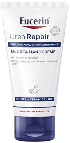 Eucerin UreaRepair 5% Urea Handcreme 75 ml, Hautpflege spendet 48h intensive Feuchtigkeit, Feuchtigkeitscreme mit 5% Urea und Ceramiden für rissige, trockene Haut