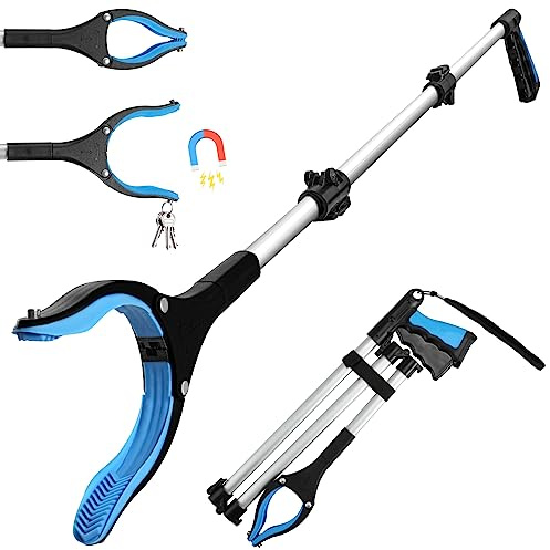 Housolution 110cm Greifer, Faltbare Greifzange für Senioren, Lange Müllzange mit Magnetspitzen & 360° Drehbarem Kopf, Aluminium Müllgreifer Greifarm für Senioren Kinder Abfallsammlung Garten, Blau | Leichter, handlicher Müllgreifer mit Magneten, Greifhilfe für Müllaufhebung, Armverlängerung, Müllsammler