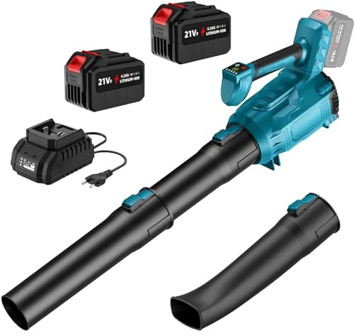 Laubbläser Akku, Akku-Laubbläser 21V mit 2 × 4.5 Ah Akku und Ladegerät, 360km/h, 600m³/h, 5-Gang und Turbo Modus, Bürstenlose Motor, 3 Arten von Düsen, Leaf Blower für Garten, Laub, Staub & Schnee