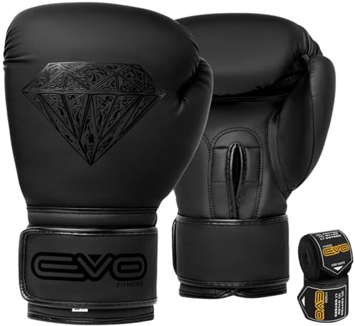 EVO Maya Hide Leder-Boxhandschuhe für MMA-Boxsack, Sparring, Muay Thai, Kickboxen, Kampftraining, inkl. Handbandagen, Schwarz/Diamant, matt, 284 g (Schwarz, 16 OZ)