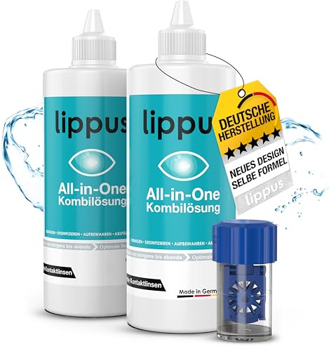 lippus Premium All-In-One Kontaktlinsen Fluessigkeit – Made in Germany – Mit Kontaktlinsen Behälter - Geeignet für weiche Linsen, sowie Wochen- und Monatslinsen - Reinigt & desinfiziert