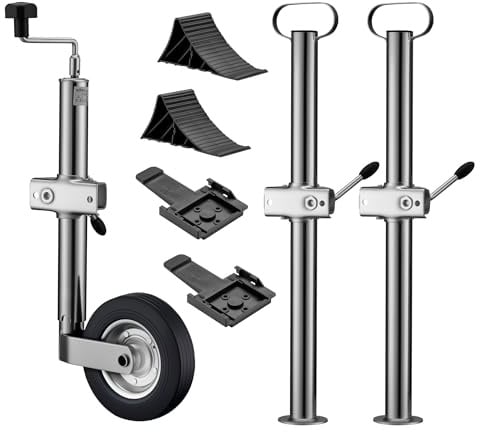 Wiltec Anhänger Set 10-teilig, Stützrad bis 362 kg Traglast mit Klemmhaltern, Stützen & Unterlegkeilen