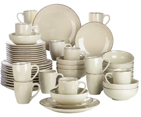 vancasso Tafelservice Set für 12 Personen, Navia Geschirrset aus Steingut, 48 teilig Kombiservice mit Speiseteller, Salatteller, Schüsseln und tassen, Vintage Aussehen, Natur Design