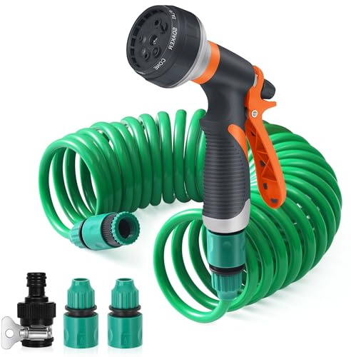 Flexibler Gartenschlauch, 7.5M Spiralschlauch Komplett Set mit 8 Funktions Brause, Handbrause Garten Brausekopf Gartenbewässerung für Gartenarbeit, Autowäsche, Haustierdusche