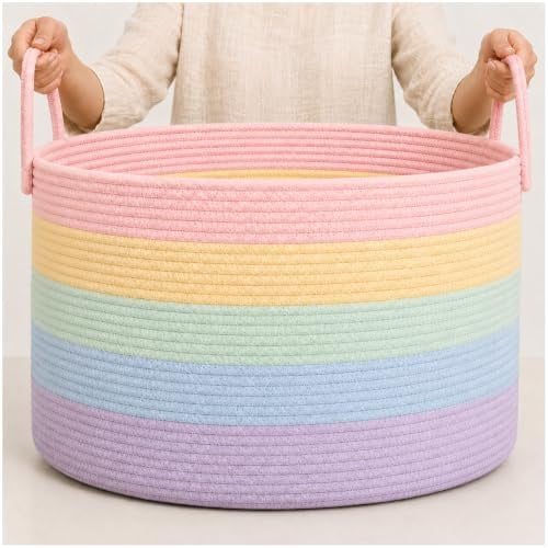 OrganiHaus Wäschekorb Kinderzimmer, Spielzeugkorb, Großer Geflochtener korb Mit Griff, Faltbar & Stabiler, Aufbewahrungskorb Kinder Für Decken, Spielzeug & Kleidung, Regenbogen Design - 50x33cm