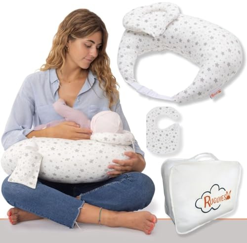RUGUIES Stillkissen mit Gurt für Neugeborene - Stillhörnchen Ergonomisch gegen Reflux & Koliken - Baby Lagerungskissen Stillen, 100% Baumwolle, Waschbar - Kompaktes Stillkissen Klein