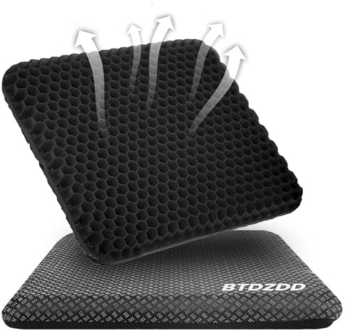BTDZDD Gel Sitzkissen, Orthopädisch Doppelschicht Verdickung Sitzkissen mit Rutschfester Stoffhülle Atmungsaktives Stuhlkissen für Bürostuhl (Schwarz, 43cm*39cm*4cm)