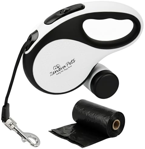 Zenova Pets Hundeleine 5 m – Rollleine mit Kotbeutelhalter – Ausziehleine für Hunde jeder Größe – Laufleine mit 360° Nylonband, Anti-Rutsch-Griff & Schnellbremsknopf – Leine für Hunde bis 30 kg