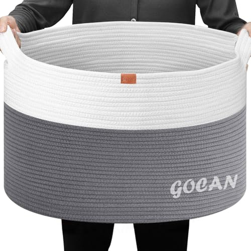 Geflochtener Wäschekorb，D55×H35cm，Wäschebehälter mit Griffen XXXL | Handgeflochten, ideal für Decken & Kissen im Wohnzimmer, Kleidung & Spielzeug im Kinderzimmer(Hellgrauweiß)