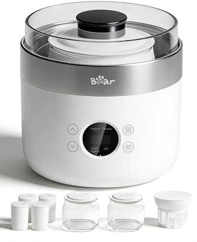 Bear Joghurtbereiter Joghurt- und Frischkäsebereiter, inkl. 4 Keramik Portionsbecher à 125 ml, 2 XXL Glasbehälter à 1 Liter, 4 voreingestellte Programme für Griechischer Joghurt, Käse