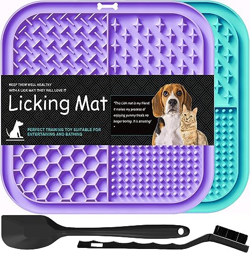 Lesipee Leckmatte für Hunde/Katzen, Langsamfütterer, Angstlöser, Hundespielzeug-Futtermatte, für Butter, Joghurt, Erdnussbutter, Baden, Fellpflege, Training, Beruhigungsmatte, 2er-Pack (Cyan & Lila)