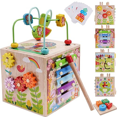 KMTJT Montessori Motorikwürfel Spielzeug ab 1 2 3 Jahr | Aktivitätswürfel Steckspiel Holz ab 12 18 Monate Baby | Geschenk Mädchen Jungen | Kinder Holzspielzeug Motorikspielzeug ab 1 Jahr (Rosa)