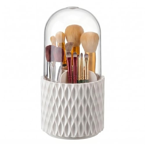 VNIMTI Make-up Pinselhalter mit Deckel, 360° Drehbar Make-up Organizer | Schminkpinsel Behälter, Staubdicht, Kosmetikpinsel Aufbewahrung für Schminktisch, Badezimmer, Schlafzimmer, Weiß