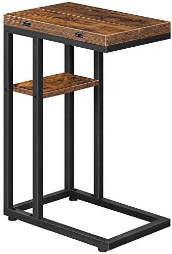 HOOBRO Beistelltisch, Klappbarer Sofatisch, C Form, Couchtisch | Kaffeetisch Snacktisch mit Lagerregal, Schmaler Nachttisch für Wohnzimmer, Schlafzimmer, Metallrahmen, Dunkelbraun EBF29SF01