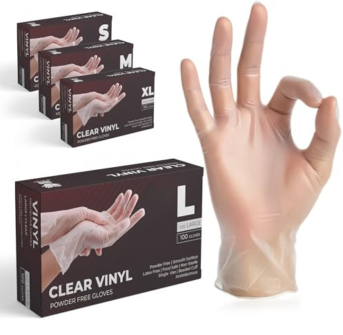 The Real Touch Einweghandschuhe, Transparente Vinylhandschuhe - Box mit 100 Stück, Einmalhandschuhe Puderfrei und Latexfrei, Vinyl Handschuhe Einweg für Küche, Reinigung und Lebensmittel (L)