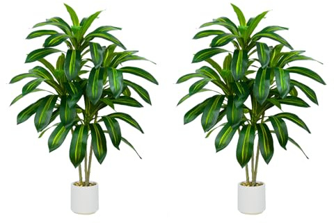 Künstlicher Drachenbaum 120cm, Realistische Kunstpflanze Dracaena Kunstpflanzen Pflegeleicht für Wohnzimmer, Büro & Garten (2, Weiß, 120CM)