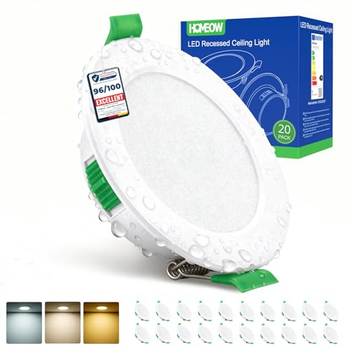 HOMEOW 20er Set LED Einbaustrahler 230V, 5W 400LM LED Spot 68mm - 80mm Lochmaß, IP44 Warmweiß Neutralweiß Kaltweiß Deckenspots, 24mm Ultra Flach Einbauleuchten für Badezimmer Küche