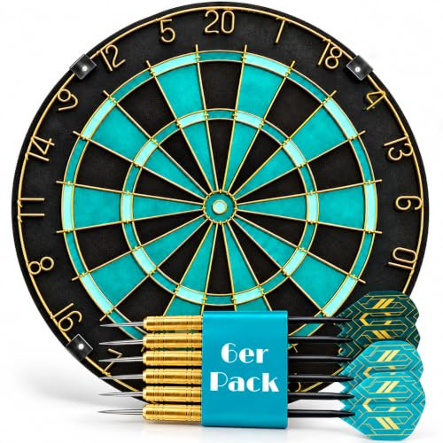 Dartscheibe Dartboard Sisal Professionell Türkis mit Goldener Zahlenring & Pfeilen - Profi Steeldartscheibe - Dart Scheibe Target mit 6 Dartpfeilen Metallspitze golddart Flight Barrels shafts schäfte