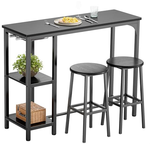Bealife Bartisch mit Barhocker-Set, Kneipentisch-Set mit 2 Ablagen und Glashalter, Küchen-Bartisch-Set für Küche, Wohnzimmer, Esszimmer (Schwarz)