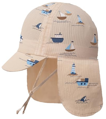 Baby Kinder Sonnenhut, Baumwolle Hut für Baby Jungen Mädchen Winddicht Hut in Cartoon-Muster, Baby Sonnenhut mit Halsschutz, Braune Boote, 6-12 Monate