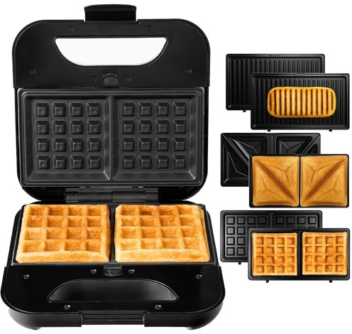 LEHMANN Sandwichmaker 3 in 1, Multifunktionsgerät mit austauschbaren Platten - Waffeleisen, Kontaktgrill, Sandwichtoaster, Antihaftbeschichtete, Schnelle Zubereitung für Sandwiches, Waffeln, Paninis