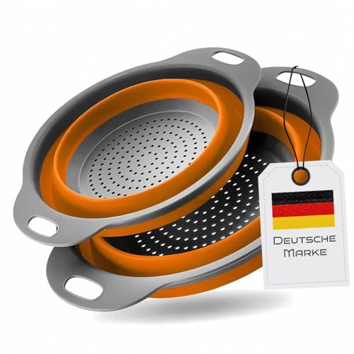 Faltbarer Seiher Sieb, Küche Silikon Klappbar Abtropfsieb Nudelsieb Set, Küchensieb Abwaschschüssel von Nudeln, Obst, Gemüse, 2 Größe (24.5+29.2cm) (Orange)