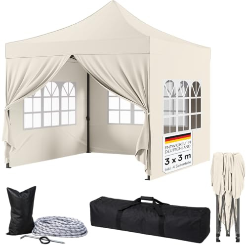 STEELSØN Rynara Premium Pavillon 3x3 m – Faltpavillon mit 4 Seitenteilen – hochwertiger Gartenpavillon inkl. Tragetasche mit Rädern & 3-Fach höhenverstellbar – extrem stabil & UV-/wetterfest - beige