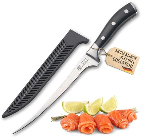 DarBene Filetiermesser C-Series 18cm Profi Küchenmesser aus deutschem Edelstahl, biegsam und flexibel, extrem scharfe Klinge, ABS Griff, nachschleifbar, inkl. Klingenschutz