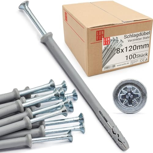 LUN FIX Schlagdübel 8x120mm 100 Stk Verzinkter Stahl mit Senkkopf | Nageldübel, Rahmendübel, Schnellmontage Dübel, Spreizdübel, vormontierten Schrauben mit Dübel für Beton, Vollziegel
