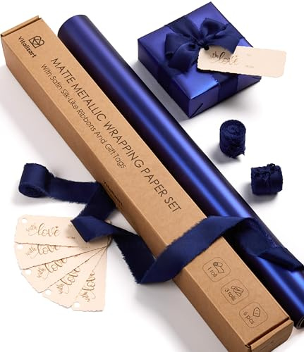 Vitalizart Matt-Metallisches Marineblaues Geschenkpapier 43 cm x 5 m | Geschenkpapierrolle Set mit Marineblaue Geschenkband & Geschenkanhängern für Geburtstage, Hochzeiten, Babyparty & Weihnachten