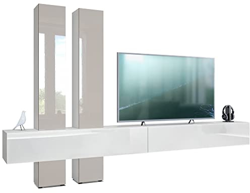 Vladon Wohnwand Moja, Made in Germany, Weiß matt & Weiß/Sandgrau Hochglanz - Moderne Anbauwand für Ihr Wohnzimmer (BxHxT) 330 x 204 x 39 cm