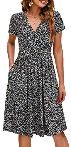 OUGES Sommer Womens Mutterschaft Kleider V-Ausschnitt Midi Sundress Krankenpflege Kleid Casual Floral Stillen Kleid mit Taschen -M