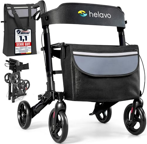 Helavo faltbarer Rollator mit Sitz - Leichtgewichtrollator für Senioren aus Aluminium für Drinnen & Draußen - Kompakt klappbar, höhenverstellbar, 4 Räder, mit Rückenlehne