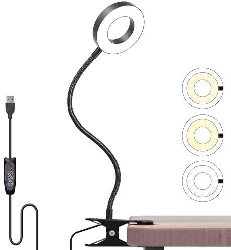 Foneso Klemme Lampe,48 LEDs Dimmbare Leselampe Bett,3 Modi und Stufe 10 Dimmen,360° Flexibel USB Lampe für Lesen, Reisen, Schlafzimmer,Büro (Schwarz)