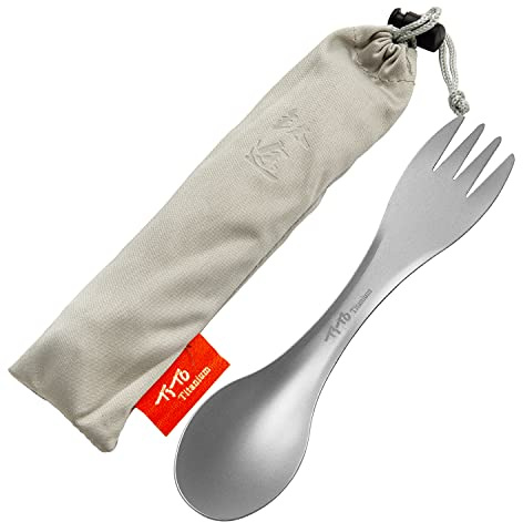 TiTo Titanium Outdoor 2-in-1 Titan Löffel/Spork mit Griff,Multifunktional Tragbare Ultraleichtem Besteck Camping Rucksackreisen mit Aufbewahrungstasche für Trekking (Sandsprühen)