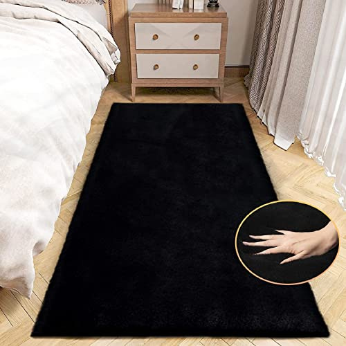 ORINOVA Teppich Läufer Schwarz Flauschig 60x180 cm Kunstfell Teppich Schlafzimmer Bettvorleger Weich Wohnzimmer Kinderzimmer Waschbar Rechteckig