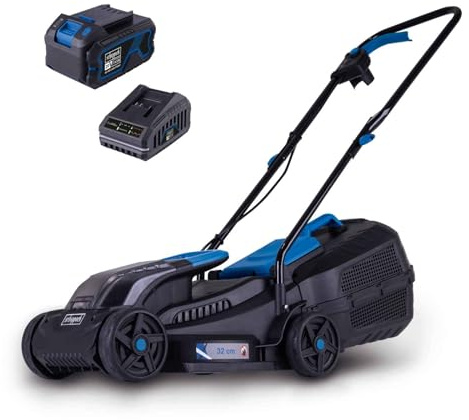 Scheppach Akku Rasenmäher BC-MP320-X | 32cm Schnittbreite | für 250-300m² | 30L Korb | Schnitthöhe 20-60mm mit Kanteneinzug | Brushless | 20V-IXES-Serie | 10 Jahre Garantie | mit 4Ah Akku & Ladegerät