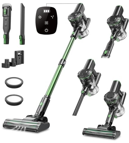 Vexilar Akku Staubsauger, 60Mins/45Kpa/550W Staubsauger Kabellos, Bürstenloser Motor Akkustaubsauger, Selbststehend, LED Display, 6-in-1, Super Leise für Zuhause/Auto Hartböden Teppiche Tierhaare